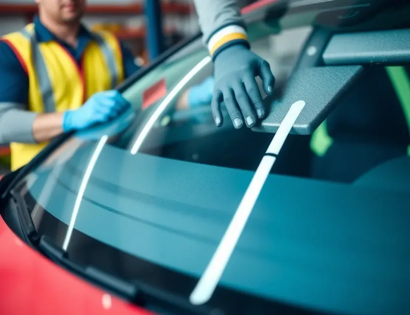 A close-up shot of a Volkswagen car windshield being replaced by a mechanic. The mechanic is wearing gloves and a safety vest, and tools are visible in the background. Focus on the replacement process and the new windshield.