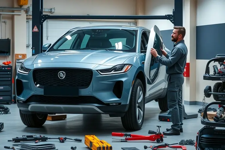 A realistic depiction of a mechanic replacing the windshield of a Jaguar I-Pace electric SUV. The vehicle is on a lift in a modern garage, the mechanic in protective gear holds a new windshield, with tools and parts scattered around. The background is clean and subtly lit. No text or signage in the image.