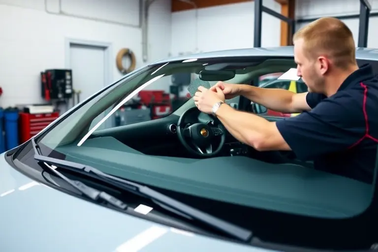 A mechanic in a clean garage carefully removing the cracked windshield of an Abarth Punto 1.4 T Jet 155 hp (model years 2008-201) and installing a new clear windshield, with tools and a car interior visible, focusing on the car and the replacement process
