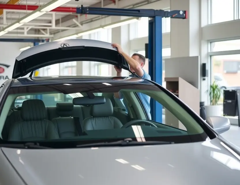 A professional automotive service center showing a technician carefully replacing the windshield of an Acura TSX, with clean tools and equipment visible, modern interior, and natural lighting, no people other than the technician, no text or logos