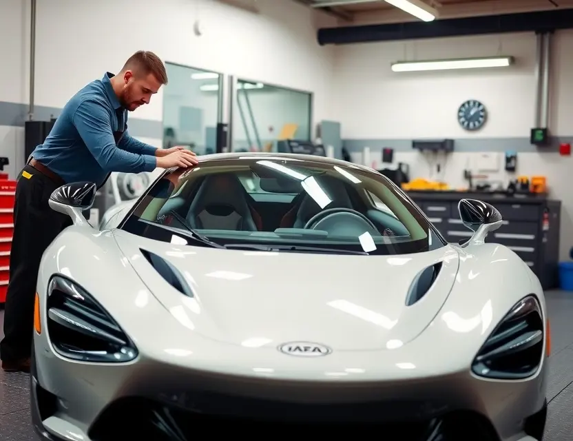 Замена лобового стекла McLaren 750S A detailed view of a professional mechanic replacing the windshield of a McLaren 750S in a well-lit garage. The car should be positioned prominently, with the mechanic carefully handling the new windshield. The garage should have modern equipment and tools arranged neatly in the background.