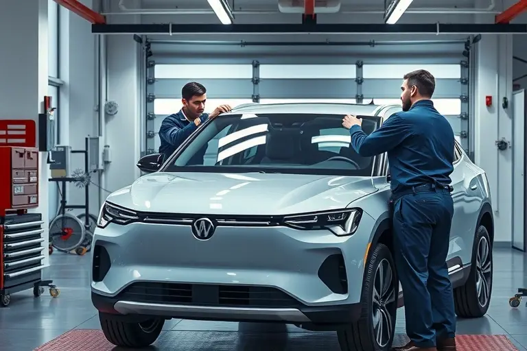 A realistic scene of a mechanic replacing the windshield on a VinFast VF8 electric SUV, the vehicle positioned in a modern service bay with tools and a clean garage environment, focusing on the car and the glass replacement process, without any text or logos
