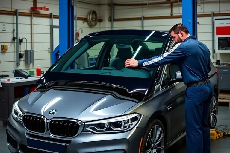 A realistic workshop scene showing a mechanic replacing the windshield on an Alpina XD3 3.0 R6 Diesel Quad Turbo car, highlighting the car body, new glass panel, tools, and surrounding equipment, without any text or logos.