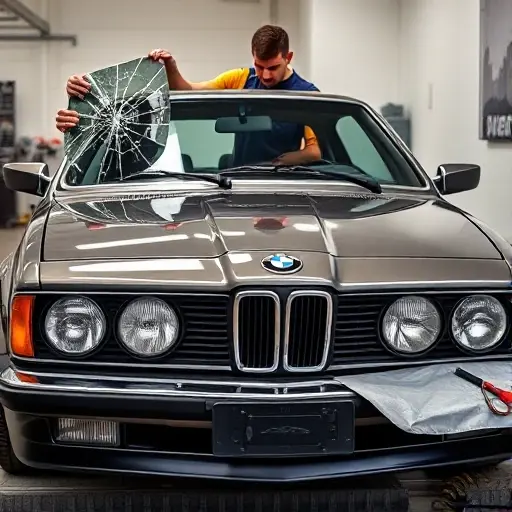 A detailed close-up of a mechanic replacing the windshield on a BMW 6er E24 M635CSi, showing the car's front profile, the old cracked glass being removed, the new clear glass being installed, with tools and a protective cover, all in a workshop setting with subtle lighting and a neutral background.