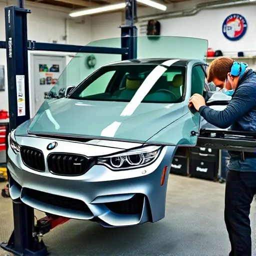 A detailed workshop scene showing a mechanic replacing the windshield of a BMW M3 F80 3.0 R6 Twin Turbo. The car is partially lifted on a hydraulic lift, the old windshield is removed, a new clear glass panel is being fitted. Tools such as a suction cup, a glass cutter, and a cleaning kit are visible. The background features a clean, organized garage with a workbench, a toolbox, and a safety mask. The focus is on the car and the replacement process, with realistic lighting and depth of field.