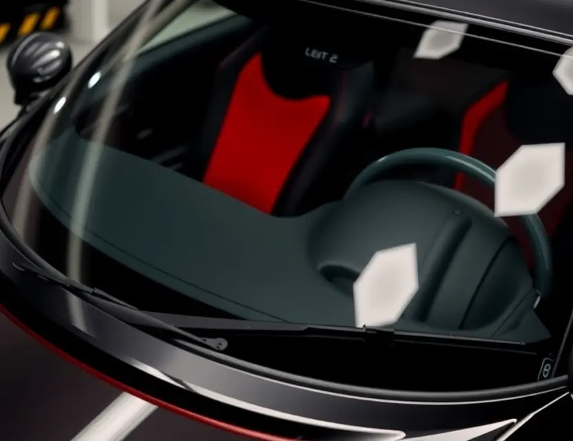 A close-up shot of a Bowler Nemesis car with a replaced windshield. The new windshield is clear and seamlessly integrated with the car's design. Focus on the quality of the replacement and the car's sleek lines.