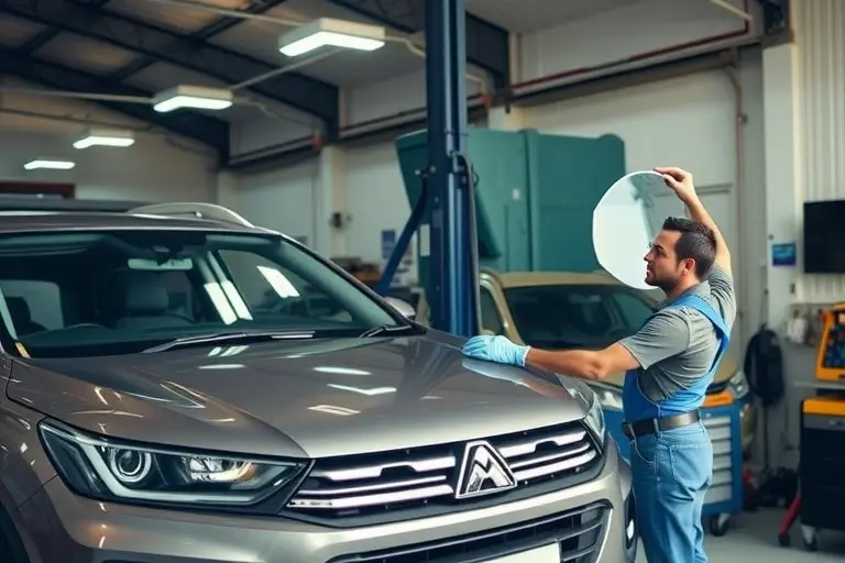 A mechanic in a well-lit garage is replacing the windshield of a modern Haval Dargo SUV. The scene shows the vehicle's front side, the mechanic holding a new glass panel, using tools, with a workbench and safety equipment. The focus is on the glass and the mechanic's hands during the removal and installation process.