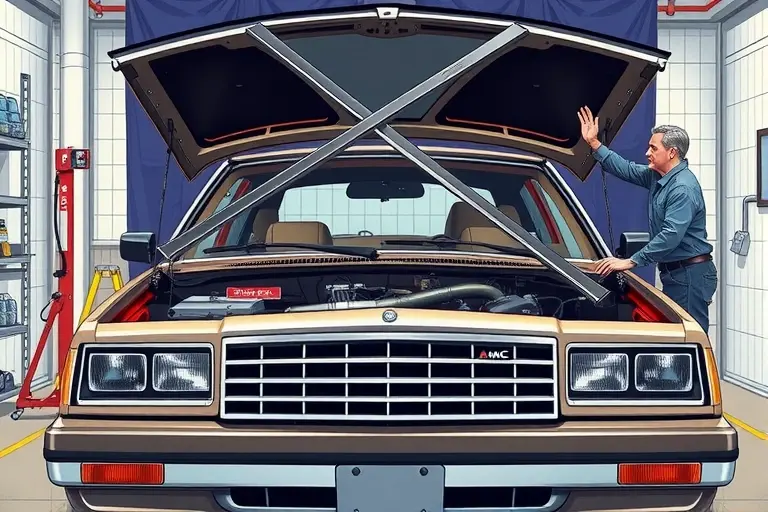 A detailed illustration of an AMC Eagle (1979-1988) in a garage setting, focusing on a mechanic carefully removing the old windshield and installing a new one. The scene shows the car's front end with the hood open, the windshield frame exposed, and professional tools such as suction cups, a windshield removal tool, and a new glass panel ready to be placed. Emphasize realistic lighting, metal and glass textures, and a clean workshop background.