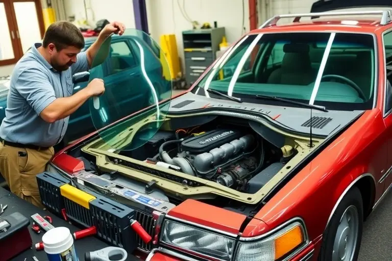 A detailed scene of a mechanic carefully removing an old windshield from a Mercury Grand Marquis sedan, holding a new glass panel in hand, with the car's front end exposed, tools scattered on a workbench, and a clear view of the car's V8 engine bay in the background.