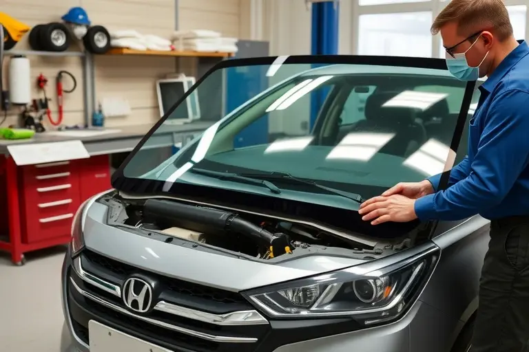 A detailed workshop scene showing a mechanic carefully removing the old windshield from a Changan UNI T 1.5 Turbo sedan, with the car's front exposed and the new clear glass being fitted. The setting includes automotive tools, a workbench, a safety mask, and a clean, well‑lit garage environment. The focus is on the precision of the replacement process, with close‑up shots of the glass, the vehicle's front fascia, and the mechanic's hands in action.