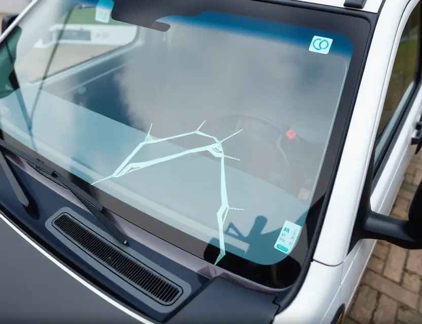 A close-up shot of an Isuzu D-Max truck with a cracked windshield, showing the area where the windshield needs replacement. The truck is parked on a paved surface. Focus on the damaged windshield area.