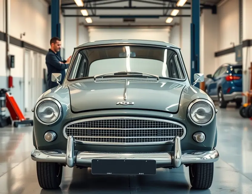Замена лобового стекла Austin A35 A vintage Austin A35 car parked in a clean, well-lit auto repair garage with a mechanic standing beside the vehicle, focusing on the front windshield area. The car is shown in a realistic, high-quality photograph style with natural lighting, emphasizing the classic design of the Austin A35. No text, logos, or watermarks are visible.