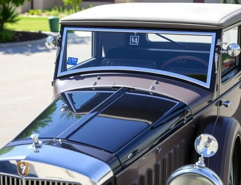 A detailed, high-quality image of a Duesenberg Model J with a replaced windshield. The car should be parked outdoors on a sunny day, showcasing the new windshield. Focus on the craftsmanship and the sleek design of the car.