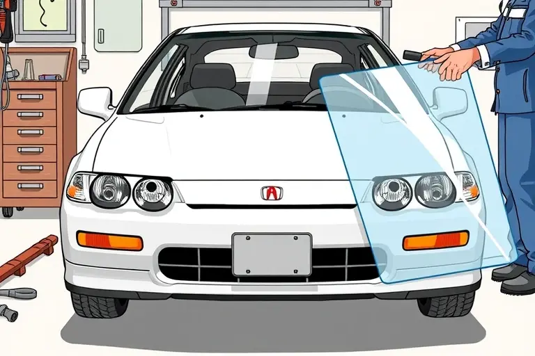 A detailed illustration of a 1990-1993 Acura Integra 1.8 B18 with its front windshield being professionally removed and replaced. Show the car from a slightly angled front view, the old windshield partially lifted, a mechanic's hands holding a suction cup tool, and a new windshield positioned nearby. Emphasize realistic car details, the distinctive Acura grille, and the workshop environment with tools and safety equipment, without any text or logos.