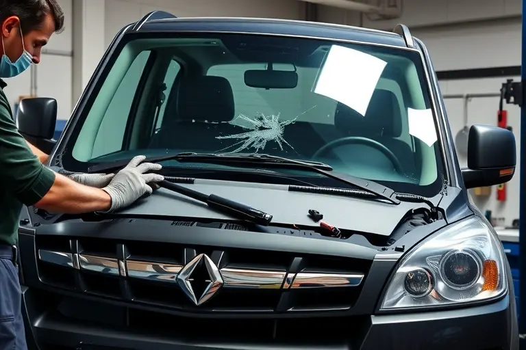 A detailed workshop scene showing a mechanic in gloves and protective gear replacing the windshield of a SsangYong Rexton 2.2 diesel SUV. The vehicle is on a hydraulic lift with its front exposed. The old cracked windshield is removed and a new clear glass panel is being fitted, with tools like a suction cup, a glass holder, and a cleaning kit visible. The background shows a garage with a workbench, a car jack, and a toolbox. The lighting is bright and focused on the windshield area, highlighting the glass and the mechanic's hands.