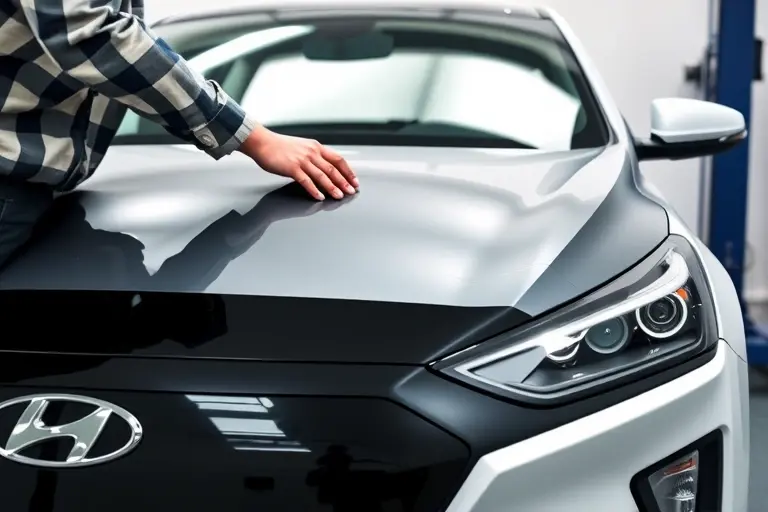 A close-up of a Hyundai Ioniq 5 electric car with its front windshield being replaced. The image shows a skilled mechanic in a clean workshop environment, carefully removing the old windshield and installing a new one. The focus is on the car's sleek front design, the transparent glass, and the precise tools used for the replacement. The background is minimal, emphasizing the vehicle and the replacement process.