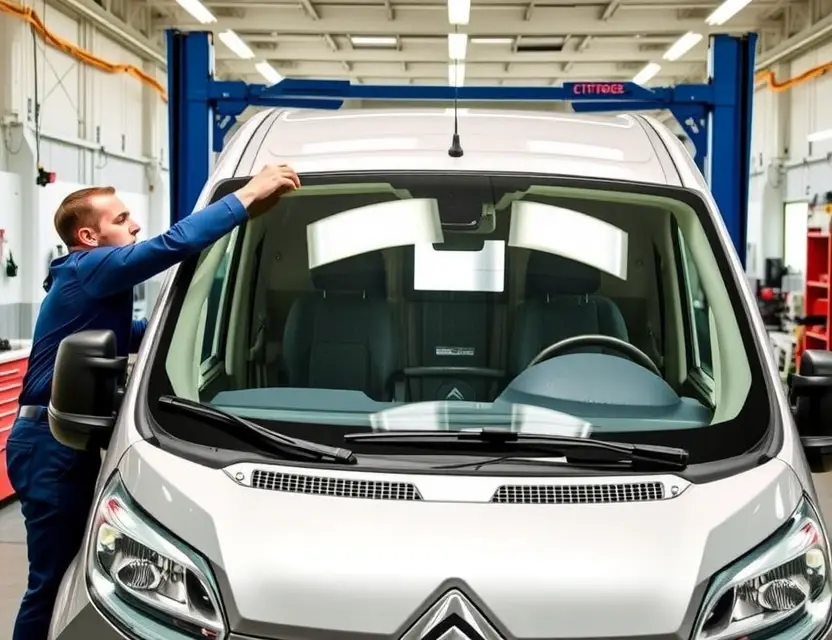 A Citroën ë-Berlingo with a new windshield being installed by a professional technician in a well-lit auto repair shop, showing the precise removal of the old windshield and placement of the new one, clean and modern workshop environment, no people other than the technician, no tools scattered, no text or labels