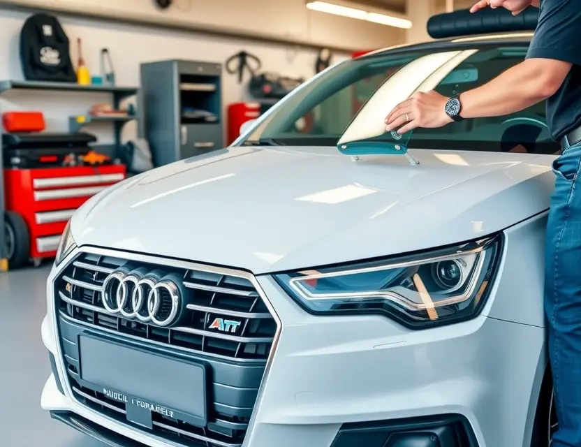 Замена лобового стекла Audi A1 A high-quality, realistic close-up shot of a modern Audi A1 car with its front windshield being professionally replaced by a technician in a clean auto repair shop. The scene shows the car's front end with the old glass removed and a new clear windshield being carefully aligned and installed. The background features organized automotive tools and a bright, well-lit garage environment. The image focuses on the vehicle and the repair process with sharp details and natural lighting.