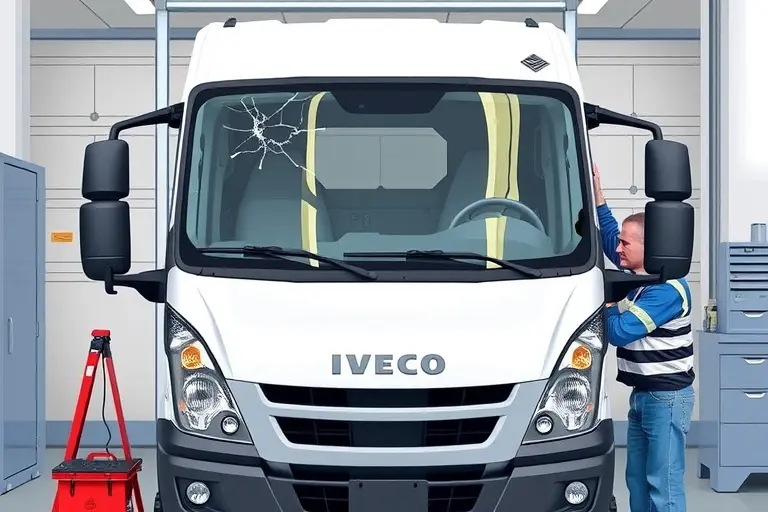 A realistic illustration of a mechanic replacing the windshield on an Iveco Daily 2.3 diesel truck (2014 model). The scene shows the truck’s front with the old cracked windshield being removed and a new clear windshield being installed, including tools, safety gear, and a garage background. No text, letters, or digits are present in the image.