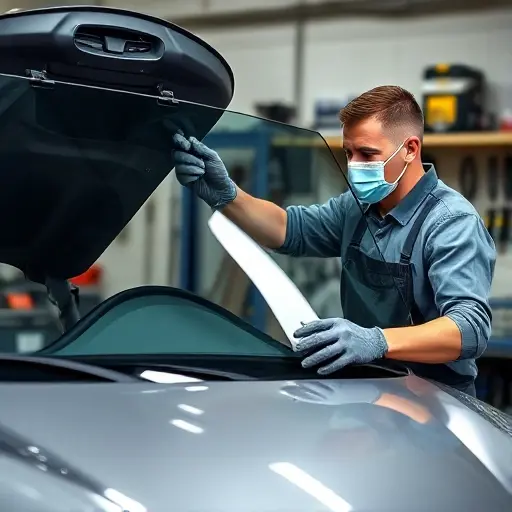 A mechanic in a garage, wearing gloves and a protective mask, carefully installing a new windshield on an Autobacs Seven RS01 2.0 L R4 200 hp car. The scene shows the car with its hood slightly open, the windshield area exposed, and the mechanic holding the new glass panel in place. The background includes typical garage tools and a workbench, all depicted in a realistic, detailed style without any text or lettering.
