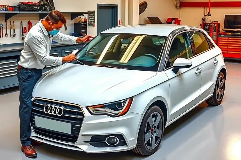 A detailed, realistic scene of an Audi A1 (2014-2018) parked in a workshop with its front windshield being replaced. Show a professional mechanic wearing a clean uniform, using appropriate tools such as suction cups and a windshield removal tool. The old windshield is partially lifted, and a new glass panel is positioned ready for installation. The workshop background includes organized tool racks and a clean floor, with no other vehicle models visible.
