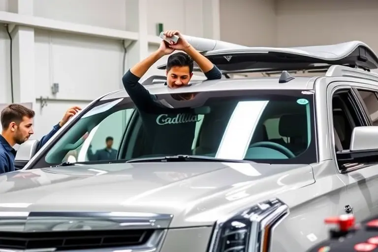 A professional mechanic in a clean, modern workshop replacing a windshield on a Cadillac Escalade. The old glass is removed, and a new one is being carefully installed. The scene focuses on the precision of the work and the luxury SUV.