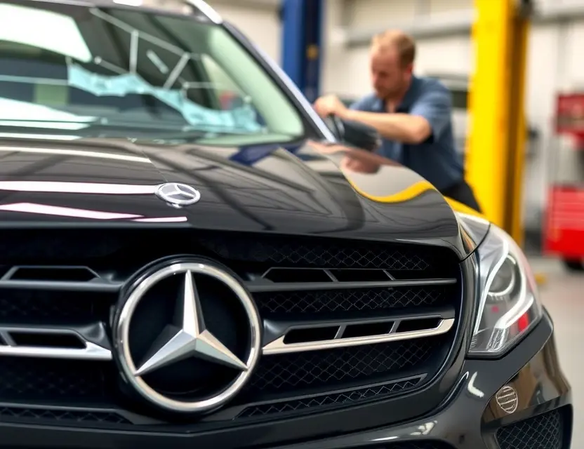 A Mercedes-Benz vehicle with a cracked windshield, with a mechanic working on the windshield replacement. Focus on the replacement process and the vehicle's exterior.