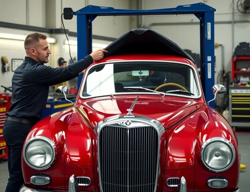 A professional automotive service center showing a technician carefully replacing the windshield of an Alvis TC classic car, with clean tools and equipment visible, well-lit garage environment, no people other than the technician, no text or logos