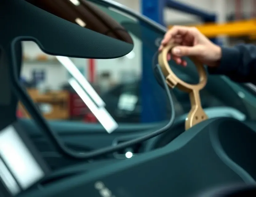 A close-up shot of a Kandi K27 windshield being replaced in a car. Focus on the windshield and the replacement process. Show a mechanic's hands working on the windshield. The background should be slightly blurred, showing a car repair shop environment.
