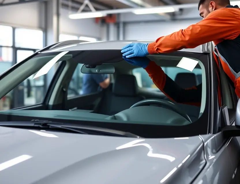 A detailed view of a professional technician replacing the windshield of a Haval Jolion car. The technician should be wearing safety gloves and using specialized tools to carefully remove the old windshield and install the new one. The car should be in a well-lit garage or service center with other automotive tools and equipment visible in the background.