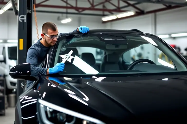 A modern Aion LX (2019-2022) parked in a professional auto repair garage, a technician in safety gloves and goggles carefully removing the damaged windshield and installing a new clear windshield, with visible tools like suction cups, a windshield removal tool, and a clean workshop background, realistic lighting and high detail