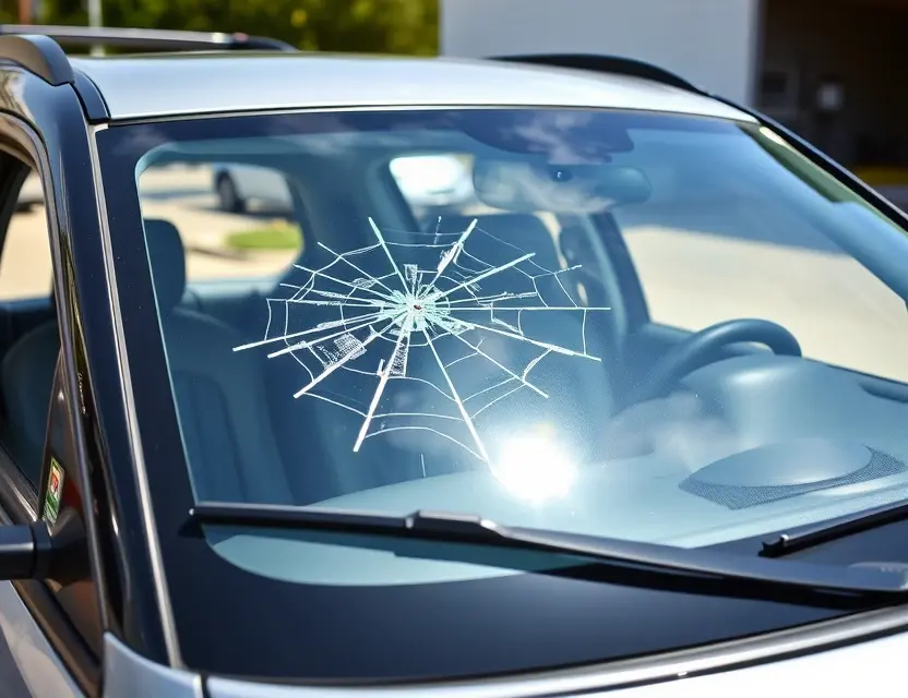 A Changan CS75 Plus with a cracked windshield being replaced by a mechanic. The car is parked outdoors on a sunny day. Focus on the replacement process, showing the mechanic working on the windshield.