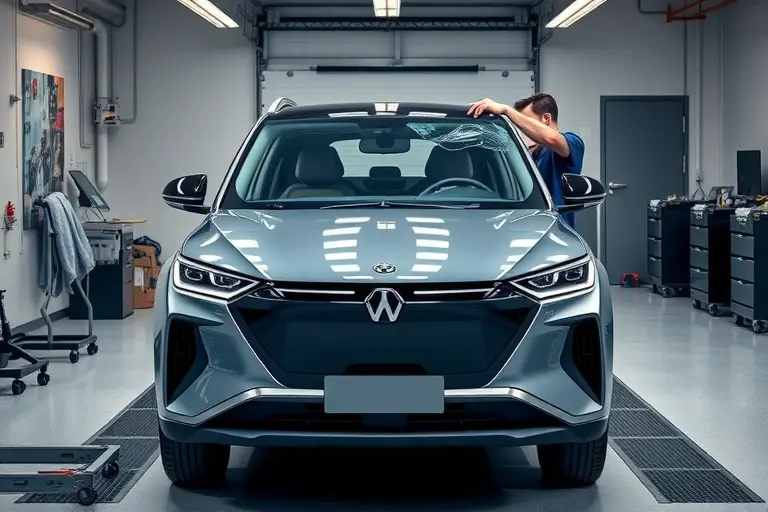 A realistic scene of an Aiways U6 electric SUV (2022 model) in a modern garage, with a technician carefully removing the damaged windshield and installing a new glass panel. The car is positioned centrally, showing the front view with the open windshield frame, tools like suction cups, a protective blanket, and a clean, well-lit environment. Emphasize the details of the car's sleek design, the transparent new windshield, and the professional work setting.