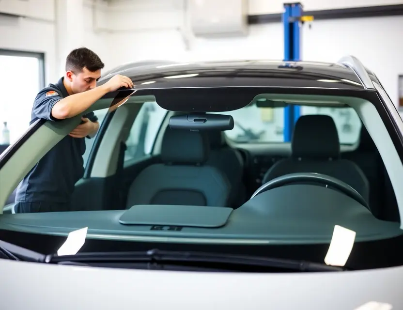 A high-quality image depicting a Kepler Motion windshield replacement service. The image should showcase a modern car with a replaced windshield, highlighting the clarity and quality of the new glass. Include a technician working on the car, demonstrating the replacement process. The background should be a clean, professional garage setting.