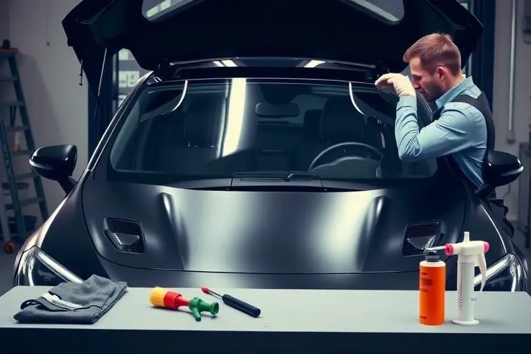 A detailed, realistic depiction of a mechanic in a garage replacing the windshield of a Mercedes Benz EQE 500 electric car. The scene shows the car's front open, the old windshield removed, a new clear glass panel being fitted into place. The mechanic, wearing gloves and a protective apron, holds the new windshield with both hands, aligning it with the car's frame. Tools such as a suction cup, a cleaning brush, and a sealant dispenser are visible on a clean workbench. The background is a well-lit workshop with subtle shadows, emphasizing the precision of the replacement process.