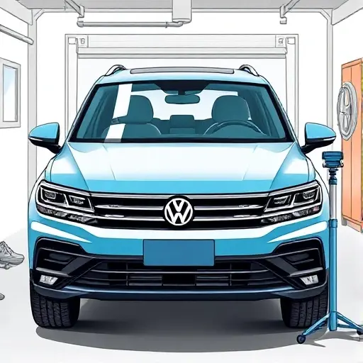 A detailed, realistic illustration of a Volkswagen Tiguan R 2.0 TSI with its front bumper and hood removed, showing a clean, well-lit garage environment where a technician is carefully installing a new windshield. The focus is on the car's frame, the windshield glass, and the professional tools (suction cups, clamps, and a polishing machine) arranged around the vehicle. Emphasize the sleek design of the Tiguan, the clear glass, and the precision of the replacement process.