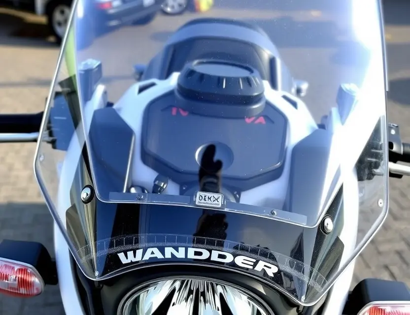 A close-up shot of a Wanderer W25K motorcycle with a replaced windshield. The windshield is clear and new, contrasting with the older, possibly scratched, windshield. The motorcycle is parked outdoors on a paved surface. Focus on the windshield replacement detail.