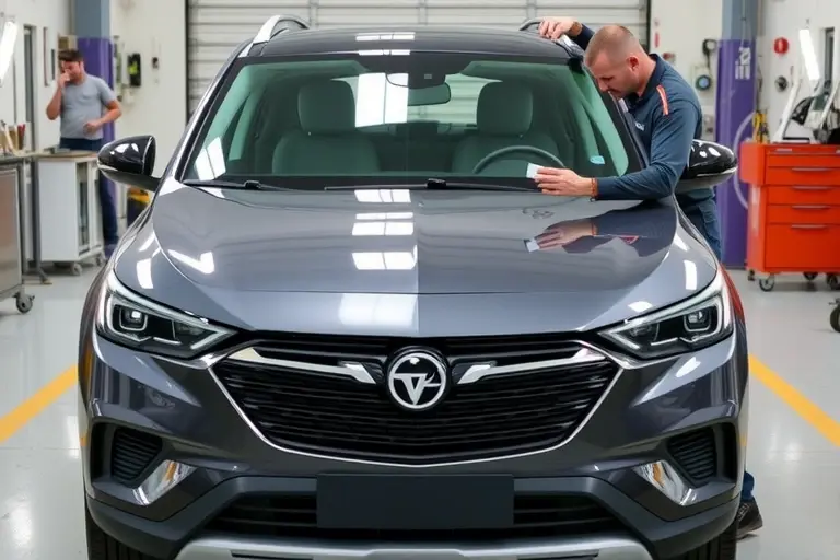 A realistic scene of a Vauxhall Grandland PHEV (2019 model) in a workshop, with the front windshield being removed and a new glass being installed by a mechanic using professional tools, close‑up view of the car's front, clean background, high detail
