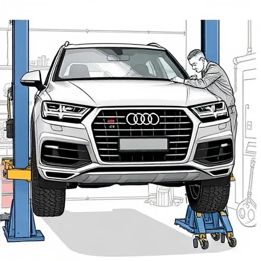 A detailed illustration of a mechanic replacing the front windshield on an Audi Q7 3.0 V6 TFSI, showing the vehicle on a lift, the old glass being removed, the new glass being installed, with tools and safety equipment visible, in a workshop setting.