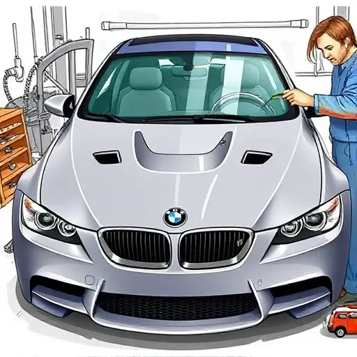 A detailed illustration of a mechanic replacing the windshield of a BMW M3 E92 4.0 V8 420 hp (2007-2013) in a workshop setting. The image should show the car's front, the old windshield removed, the new windshield being fitted, tools such as a suction cup, a glass cutter, and a sealant dispenser. The scene should emphasize the precision of the replacement process, with focus on the glass and the car's front fascia. No text or lettering should be present.