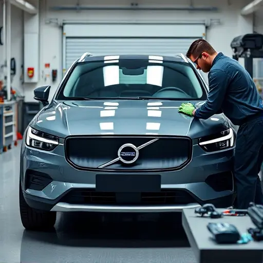 A realistic scene of a Volvo EX30 electric car (2023 model) in a modern garage, with the front windshield being removed and a new windshield being installed by a professional mechanic wearing safety gloves and goggles, tools and a clean workbench visible, focus on the car and the glass replacement process, bright lighting, no background distractions.