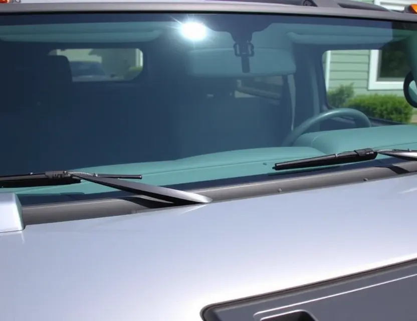 A Hummer H2 with a replaced windshield, showcasing the new glass. The vehicle is parked outdoors on a sunny day. Focus on the clarity and quality of the replacement windshield.
