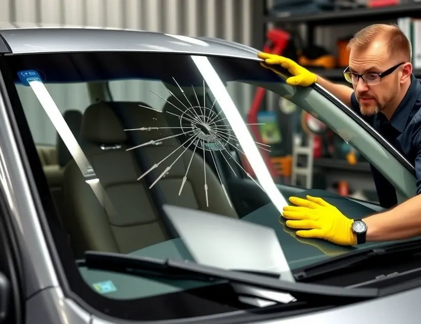 A SsangYong Korando with a cracked windshield being replaced by a mechanic. The mechanic is wearing safety glasses and gloves. The replacement windshield is being installed. The background is a garage setting with tools and equipment.