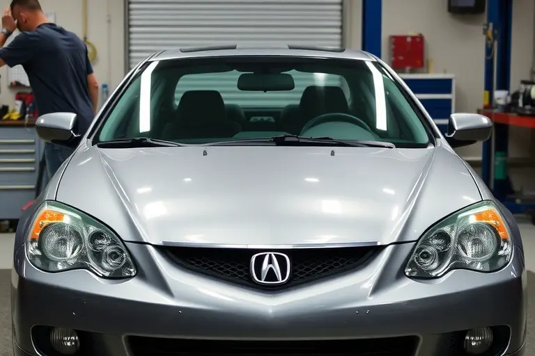 A detailed scene of an Acura RSX (2002-2006) parked in a garage with a mechanic carefully removing the old windshield and installing a new one. The focus is on the car's front, showing the windshield frame, tools like suction cups and a windshield removal tool, and the new glass being positioned. The setting is realistic with garage lighting, a clean workbench, and no additional vehicles or background clutter.
