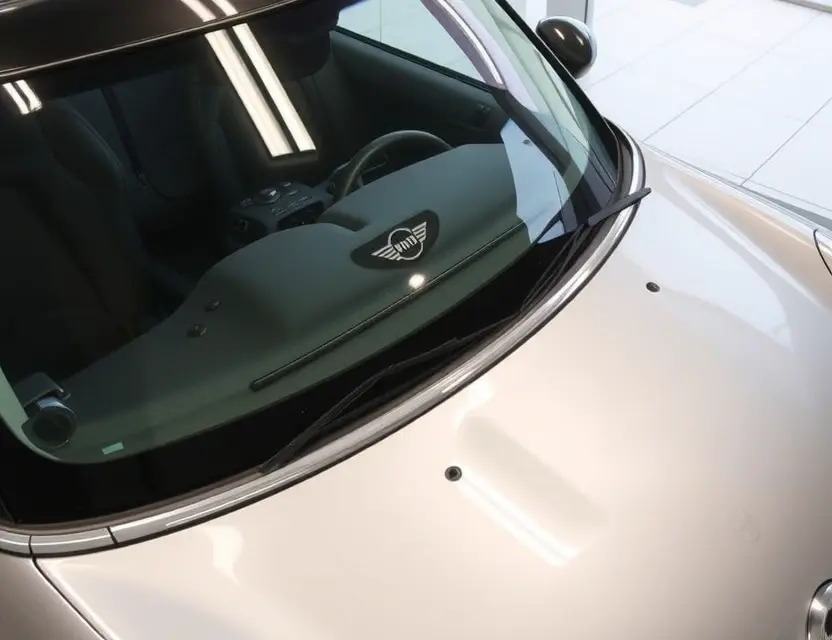 A high-quality image depicting a MINI Cooper with a replaced windshield. The windshield is clear and new, seamlessly integrated with the existing frame. The car is parked on a clean, well-lit surface, possibly a showroom or garage. Focus on the detail of the replacement and the car's overall appearance.