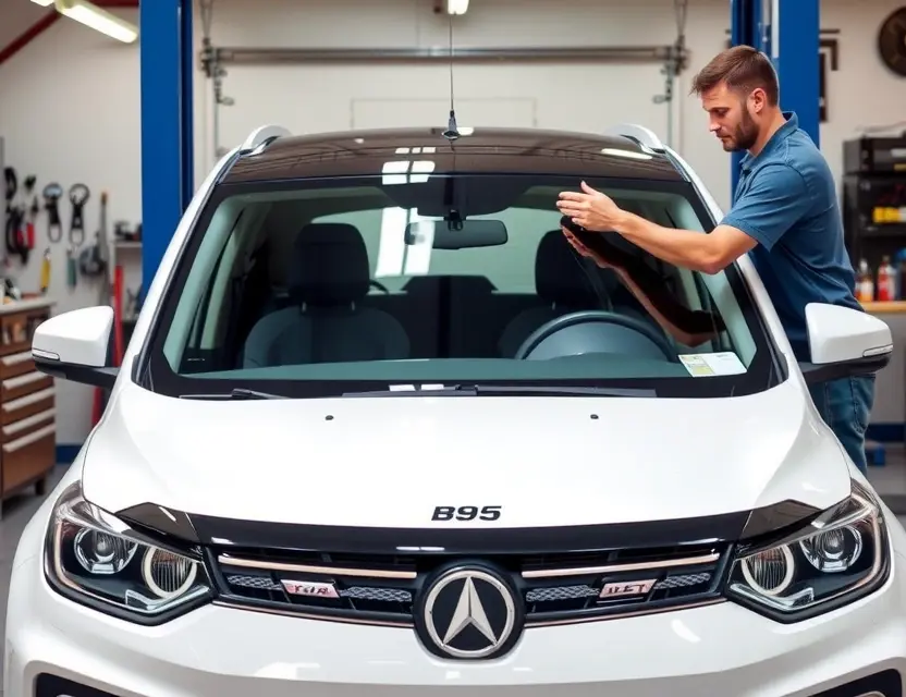 A high-quality, realistic photo of a Berkeley B95 vehicle in a professional auto repair shop, showing a technician carefully installing a new windshield. The scene should focus on the front of the car with the glass being fitted, highlighting the precision of the work. The background should be a clean, well-lit garage environment with automotive tools subtly visible but not distracting. The image should convey professionalism and technical expertise in automotive glass replacement.