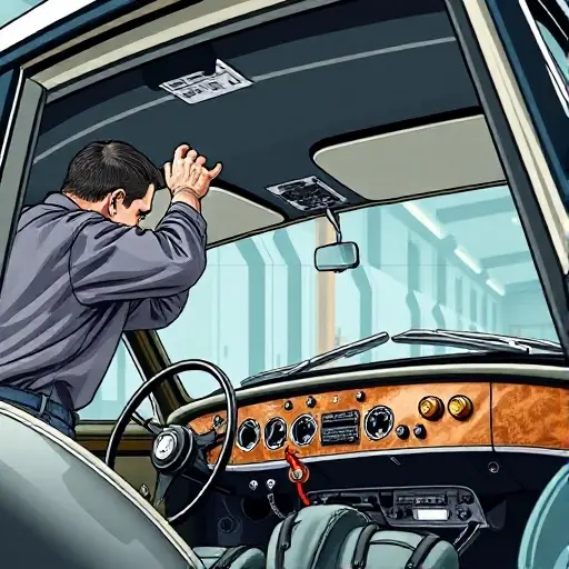 A detailed illustration of a mechanic replacing the windshield of a 1959-1962 Bentley S2 6.2 L V8 200 hp, showing the classic car interior and the new glass being installed with a focus on precision and craftsmanship, no text or lettering in the image