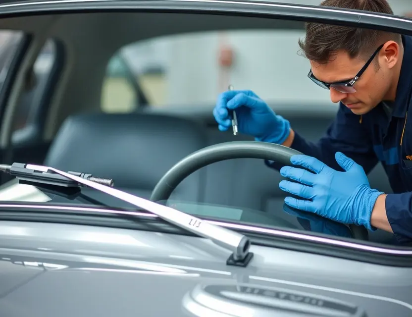 A close-up shot of a car windshield being replaced by a technician. The car is a Lister Storm, and the technician is wearing safety glasses and gloves. The replacement process is clearly visible, showing the old windshield being removed and the new one being installed. Focus on the hands and tools involved in the replacement.