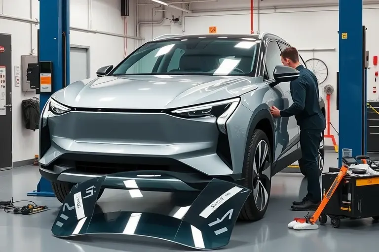 A modern Aion V Plus electric SUV from 2022 with its front windshield being professionally removed and replaced by a technician in a clean auto workshop, showing the car on a lift, the damaged windshield on the ground, tools and safety equipment nearby, realistic lighting and detailed textures