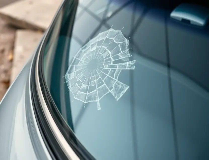 A close-up shot of a Plymouth car with a cracked windshield, showing the area where the windshield needs replacement. The car should be parked on a clean, slightly reflective surface. Focus on the damaged windshield area.
